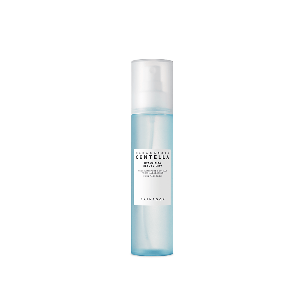 SKIN 1004 Madagascar Centella Hyalu-Cica Cloudy Mist in a 120ml bottle, featuring a spray mist with soothing and hydrating ingredients.