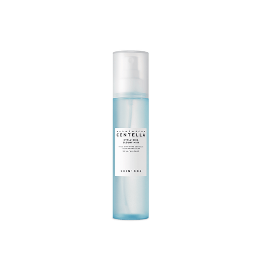 SKIN 1004 Madagascar Centella Hyalu-Cica Cloudy Mist in a 120ml bottle, featuring a spray mist with soothing and hydrating ingredients.