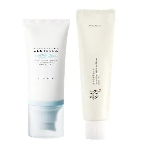 SKIN1004 and Beauty of Joseon sunscreen set with multiple bottles, featuring protective packaging and labels for sun protection.