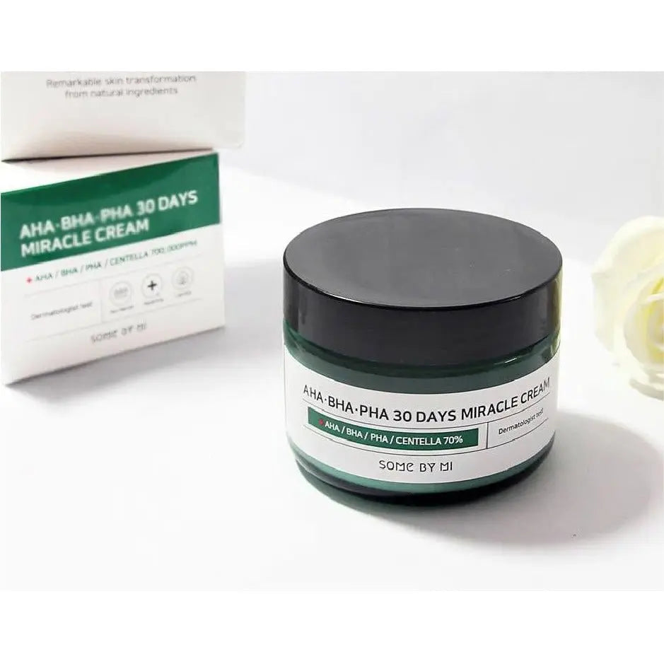 SOME BY MI 30 Days Miracle Series Set featuring skincare bottles and jars for brightening and pimple care.