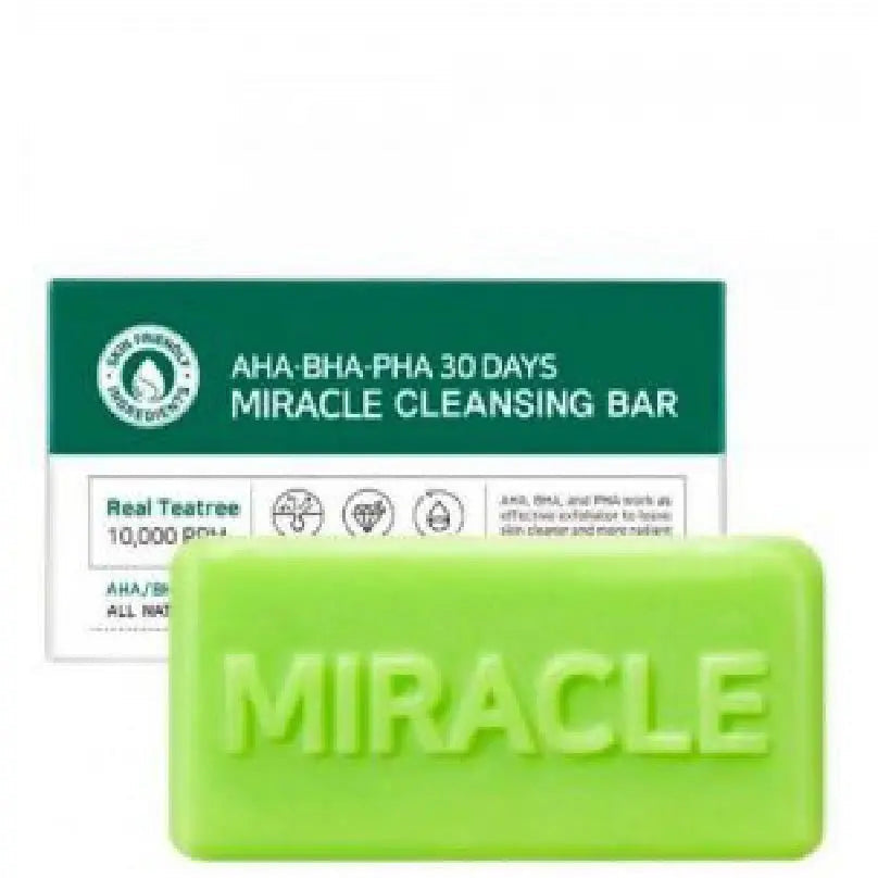SOME BY MI 30 Days Miracle Series skincare set including cleanser, toner, and serum bottles on a white background.