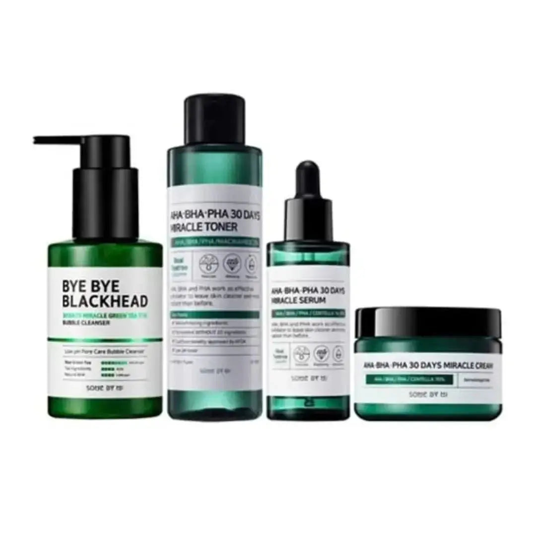 SOME BY MI Blackheads 30 Days Miracle toner, serum, and cream set for clear skin, displayed in a skincare product image.