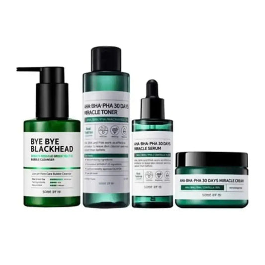 SOME BY MI Blackheads 30 Days Miracle toner, serum, and cream set for clear skin, displayed in a skincare product image.