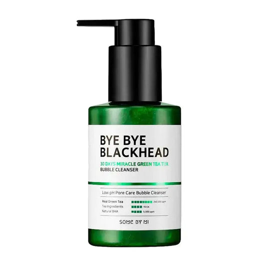 SOME BY MI Bye Bye Blackhead Green Tea Tox Bubble Cleanser 120g showing the foaming green tea-infused facial cleanser in a jar.