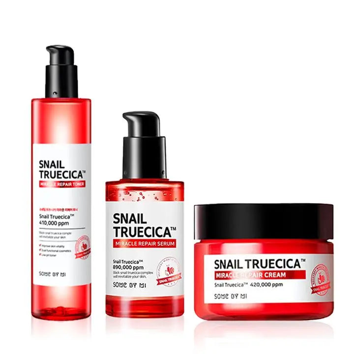SOME BY MI Snail Truecica acne scars solution set with serum, toner, and cream for skin repair and scar reduction.