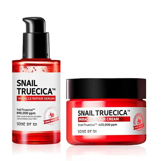 SOME BY MI Snail Truecica Scar Healing Kit for skin care, featuring snail extract and healing ingredients in a skincare set.