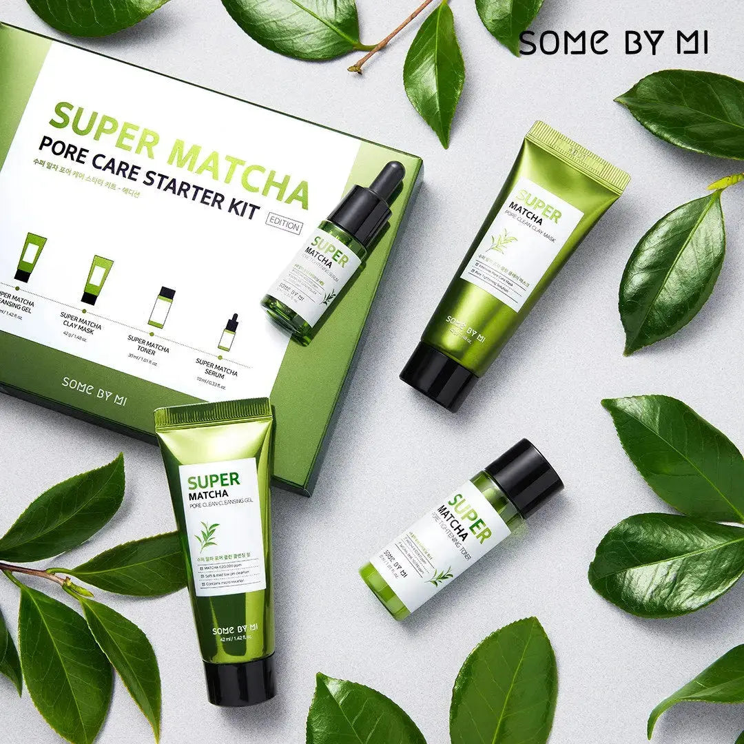 SOME BY MI Super Matcha Pore Care Starter Kit with green matcha products and skincare essentials for pore care.