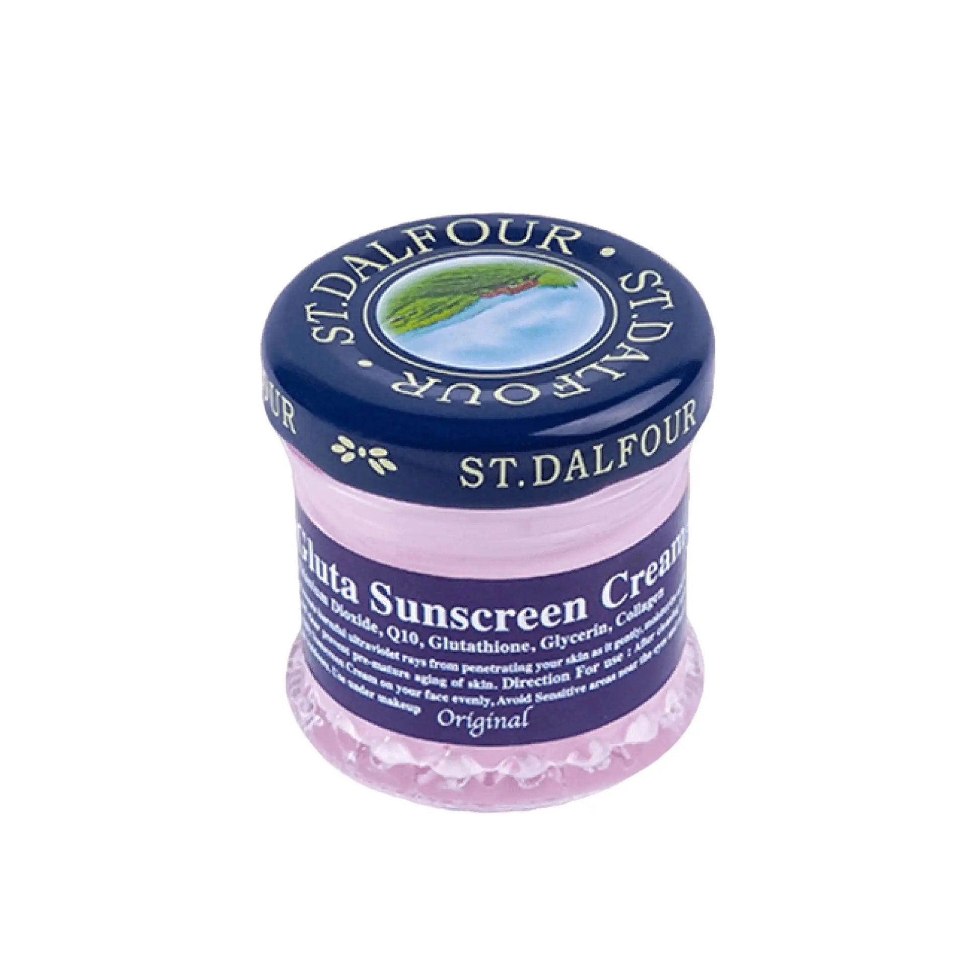 St Dalfour Gluta Sunscreen Cream jar with white and purple packaging, visible label, and product lid.