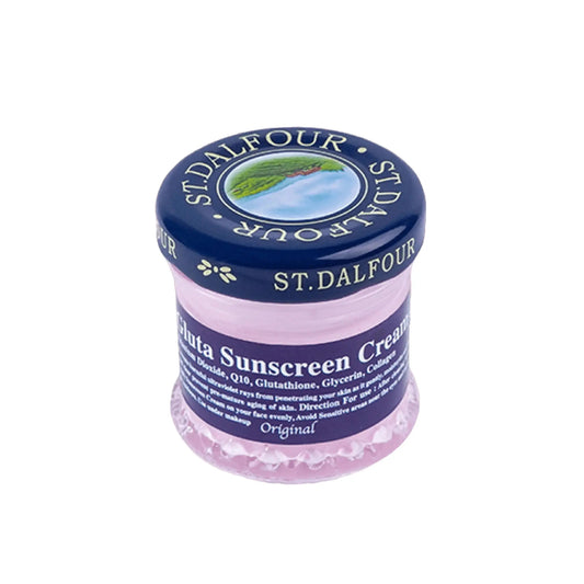 St Dalfour Gluta Sunscreen Cream jar with white and purple packaging, visible label, and product lid.