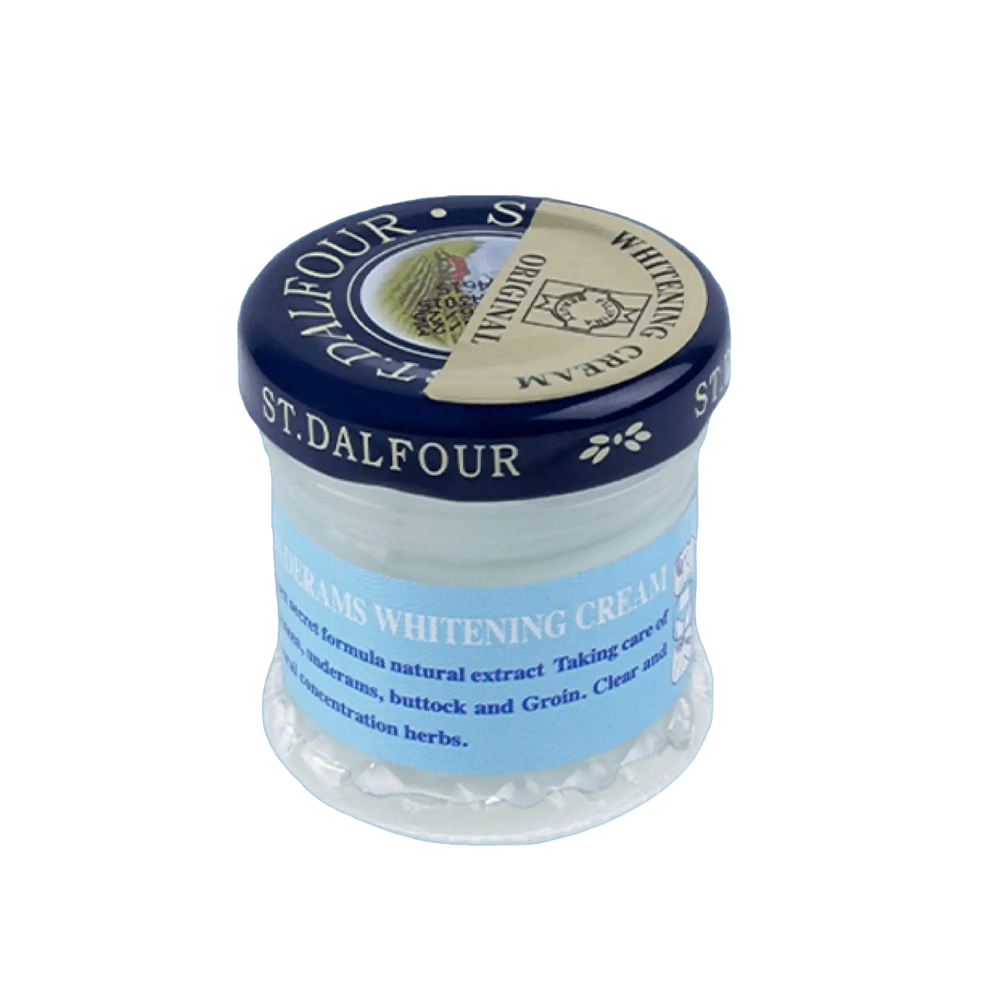 St Dalfour Secret Underarms Whitening Cream jar with white lid and label showing product name and brand.
