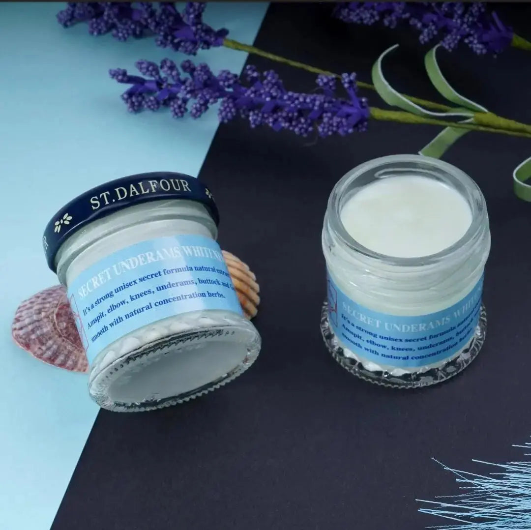 St Dalfour Secret Underarms Whitening Cream jar with white and gold packaging, designed to brighten underarm skin.
