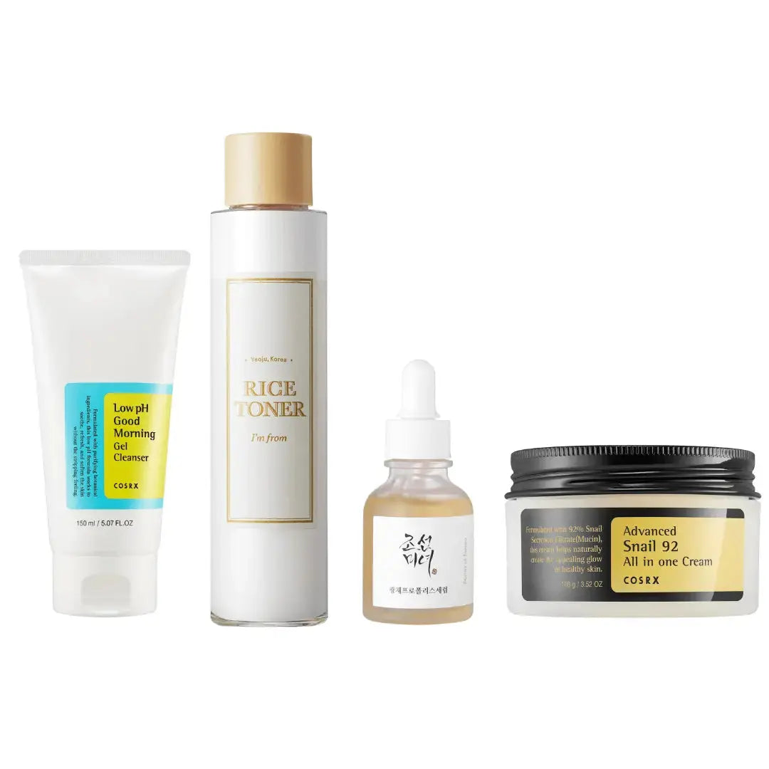 JOLIE'S The Flawless Skin Care Routine Starter Kit with cleanser, moisturizer, and serum, arranged on a clean surface.