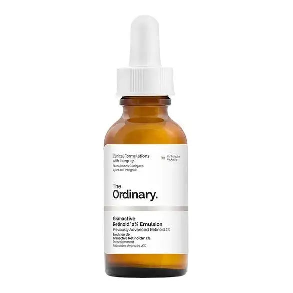THE ORDINARY Granactive Retinoid 2% Emulsion bottle, 30 ml, with clear pump dispenser and white label on a neutral background.