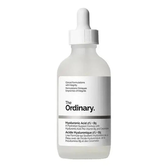 Bottle of THE ORDINARY Hyaluronic Acid 2% + B5 serum in a 120 ml pump bottle, with clear label and dropper cap visible.
