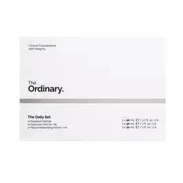 The Ordinary The Daily Set featuring skincare products in white packaging with black text and the brand logo.