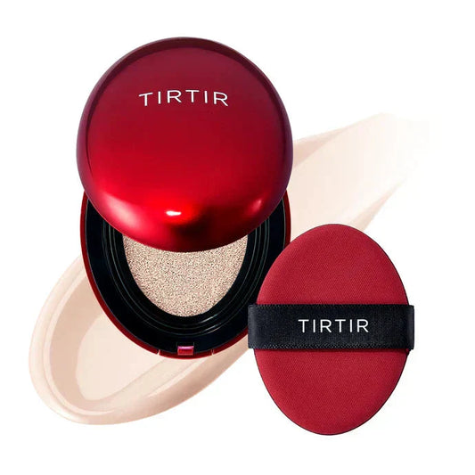 TIRTIR Mask Fit Red Cushion foundation compact with red shell packaging and a soft applicator sponge.