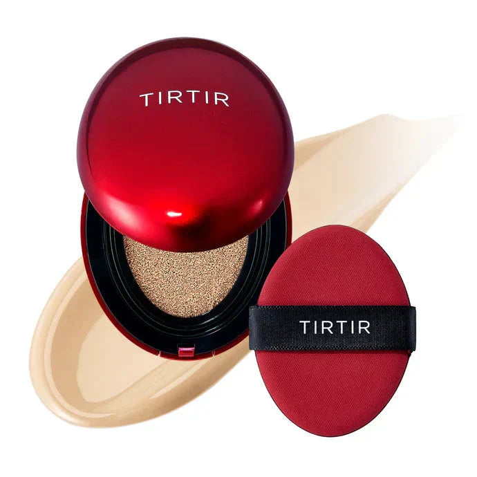 TIRTIR Mask Fit Red Cushion foundation compact with red packaging, open to show the sponge applicator and product inside.