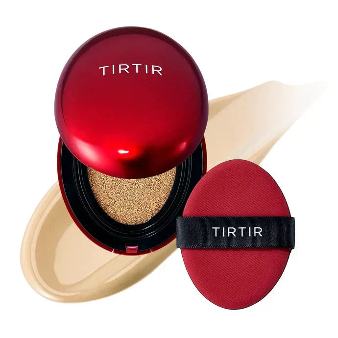 TIRTIR Mask Fit Red Cushion foundation compact with red packaging and applicator sponge, designed for a smooth, natural finish.