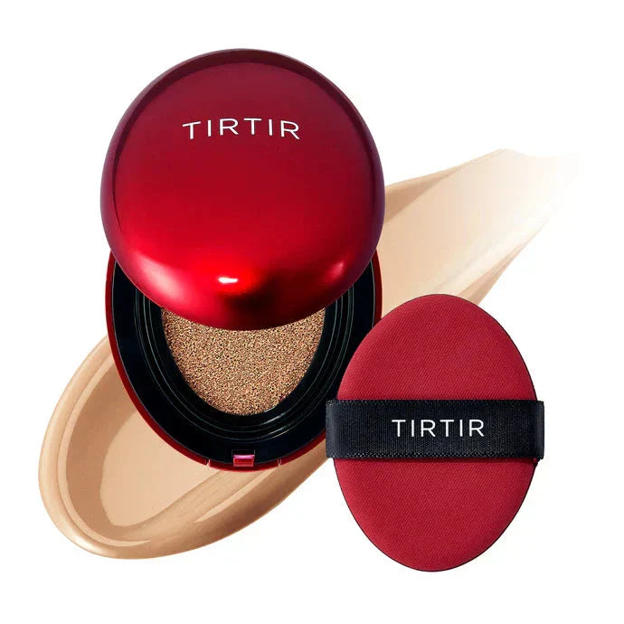 TIRTIR Mask Fit Red Cushion foundation compact with red packaging and sponge applicator, designed for natural, flawless skin.