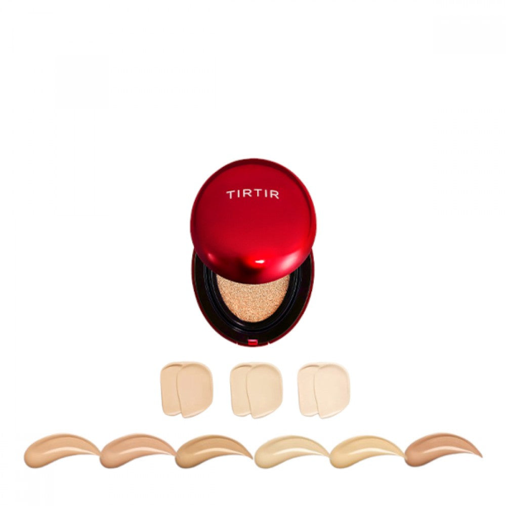 TIRTIR Mask Fit Red Cushion foundation compact with red casing, open to show the sponge applicator and pressed foundation inside.