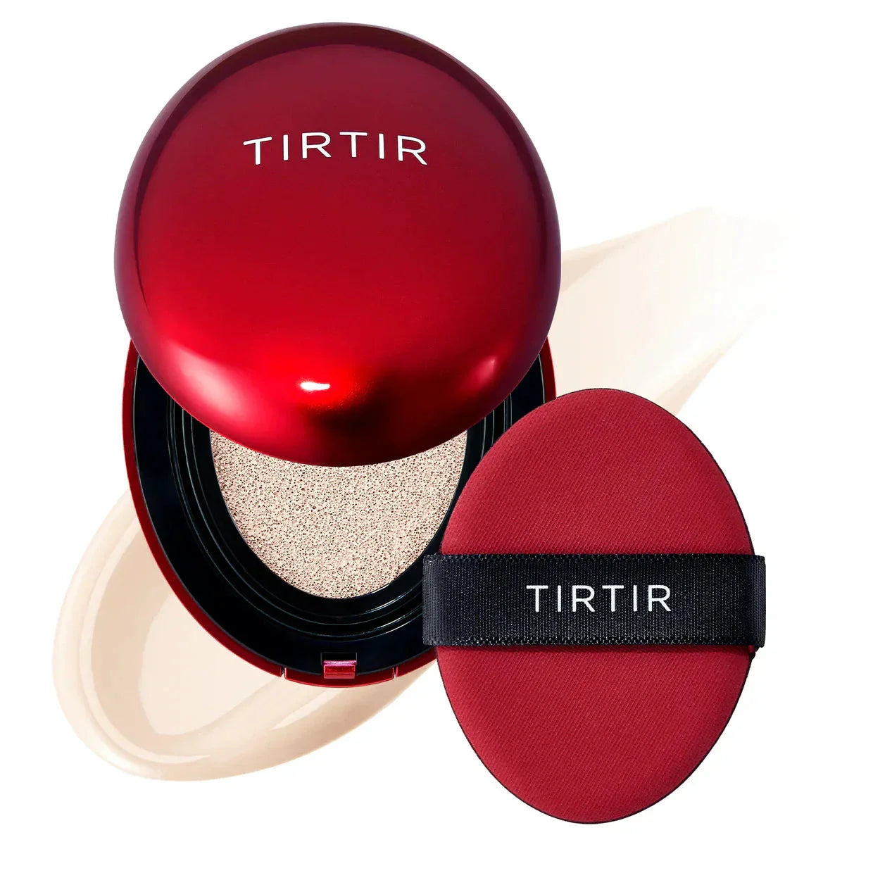 TIRTIR Mask Fit Red Cushion foundation in a compact, featuring a red case and applicator sponge for easy makeup application.