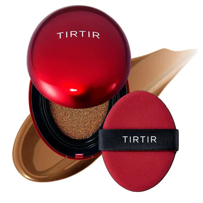 TIRTIR Mask Fit Red Cushion foundation in a compact with a mirror, showcasing the vibrant red packaging and product inside.