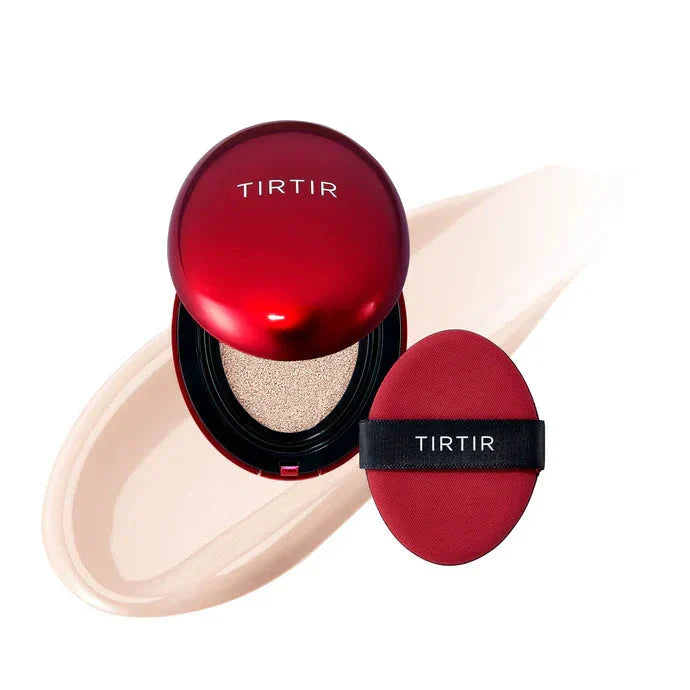 TIRTIR Mask Fit Red Cushion foundation compact with red-tinted packaging and a mirror, designed for smooth, even skin finish.
