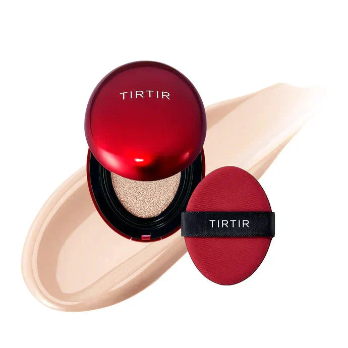 TIRTIR Mask Fit Red Cushion foundation compact with red packaging and open applicator showing the creamy cushion inside.
