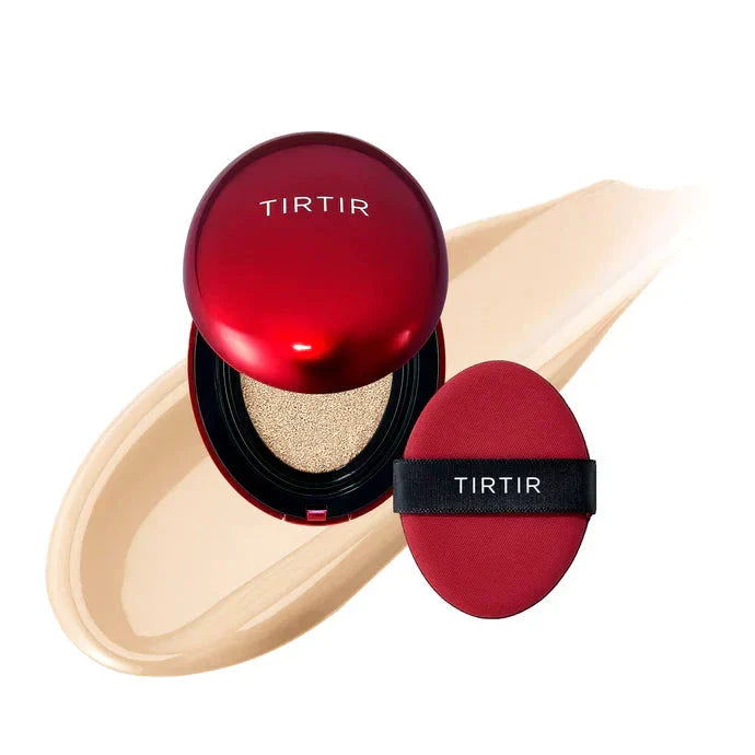 TIRTIR Mask Fit Red Cushion foundation in 10C Shell, a compact cushion foundation with red-toned coverage and sleek packaging.