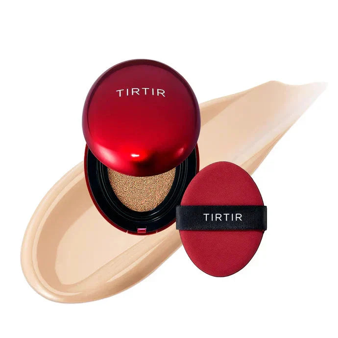 TIRTIR Mask Fit Red Cushion foundation in a compact with red packaging and applicator sponge, designed for a lightweight, flawless finish.