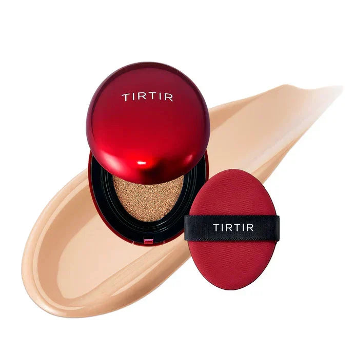 TIRTIR Mask Fit Red Cushion foundation in a compact with a red-tinted sponge applicator and sleek packaging.