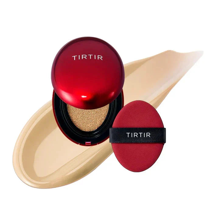 TIRTIR Mask Fit Red Cushion foundation in 10C Shell, compact cushion with red packaging, designed for a lightweight, flawless finish.