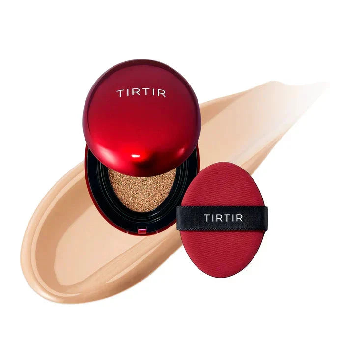 TIRTIR Mask Fit Red Cushion foundation in shell shade, compact with red and white packaging, showing the cushion applicator and product inside.