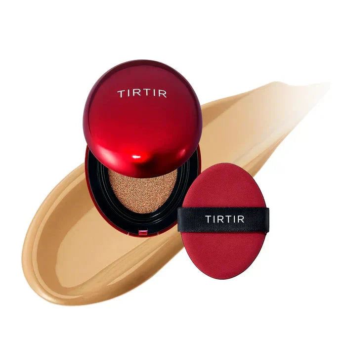 TIRTIR Mask Fit Red Cushion foundation in a compact with red casing, showcasing the cushion applicator and product branding.