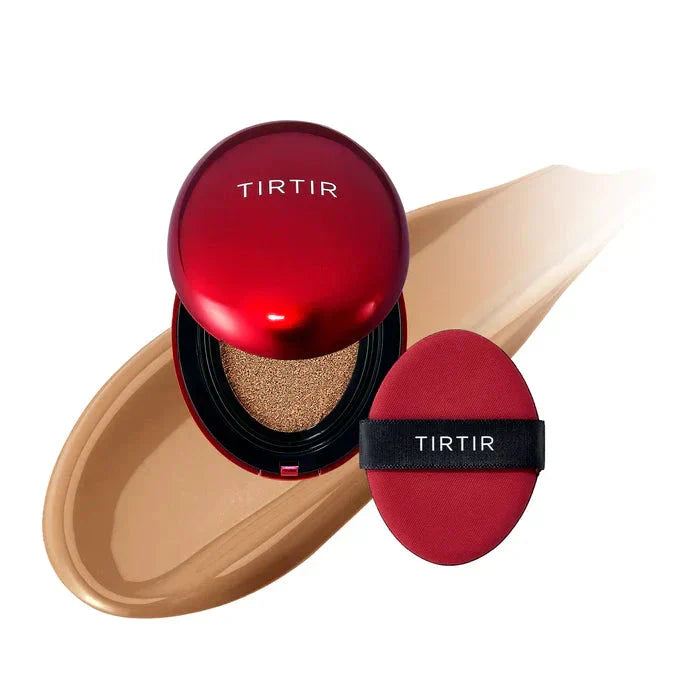 TIRTIR Mask Fit Red Cushion foundation compact with red packaging and a mirror, designed for a smooth, radiant finish.