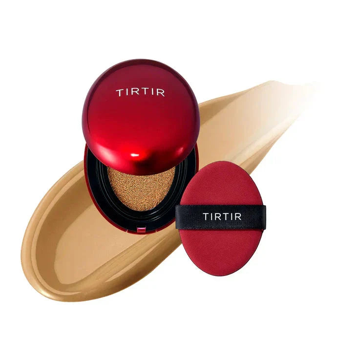 TIRTIR Mask Fit Red Cushion foundation in a compact case with a sponge applicator and vibrant red packaging.