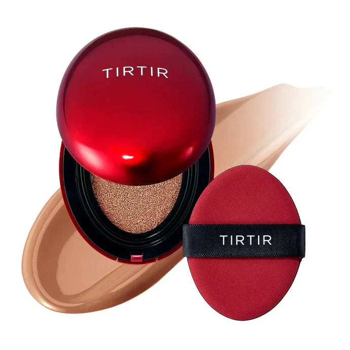 TIRTIR Mask Fit Red Cushion foundation compact with red packaging, open to show the sponge applicator and product inside.