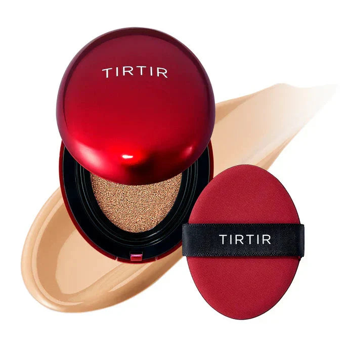 TIRTIR Mask Fit Red Cushion foundation in compact with red packaging and sponge applicator, designed for smooth, even skin coverage.