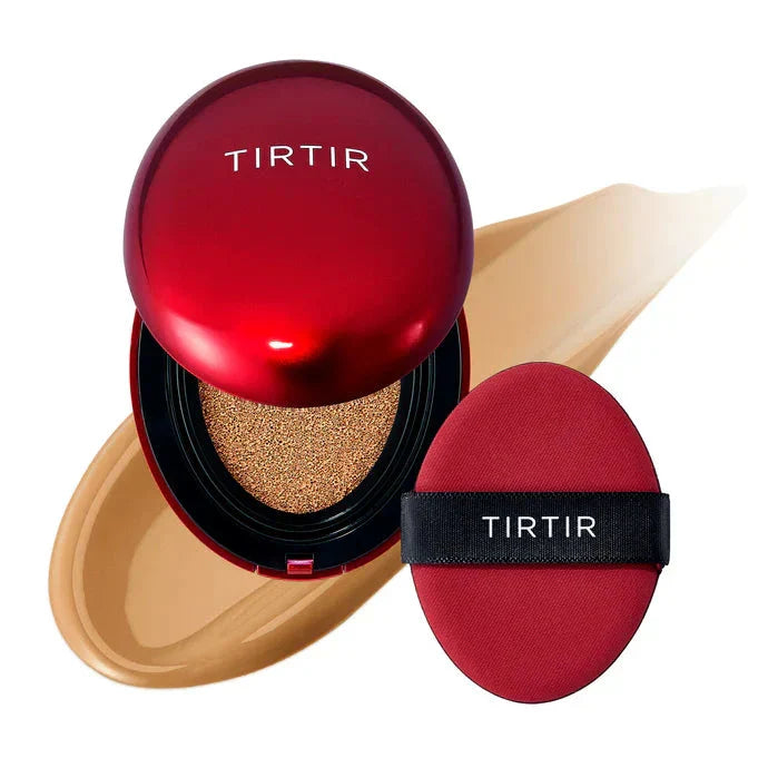 TIRTIR Mask Fit Red Cushion foundation in a compact case, showcasing the product's packaging and applicator for a smooth, natural look.