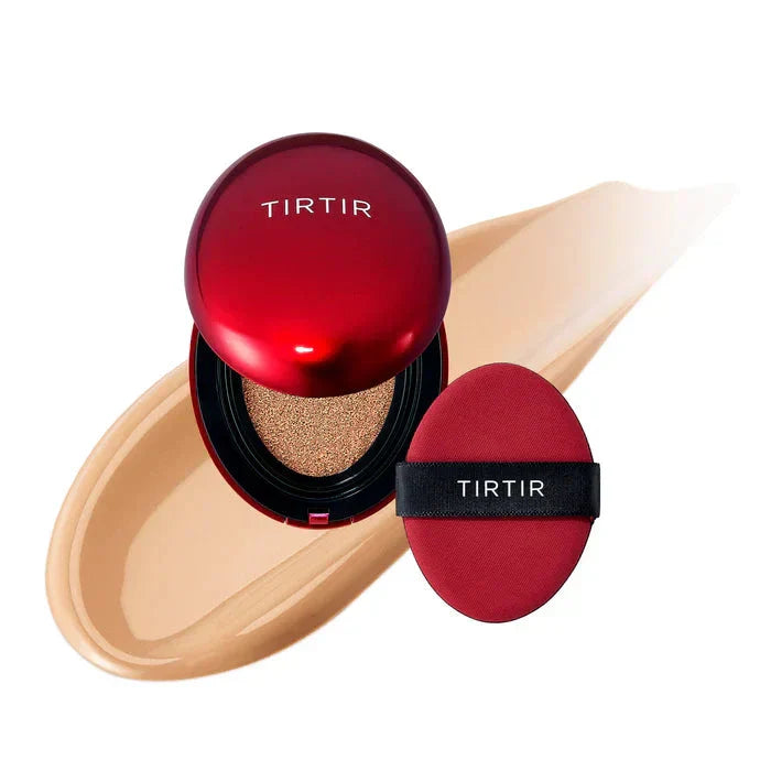 TIRTIR Mask Fit Red Cushion foundation compact with red packaging and shade 10C Shell, open to show the cushion applicator.
