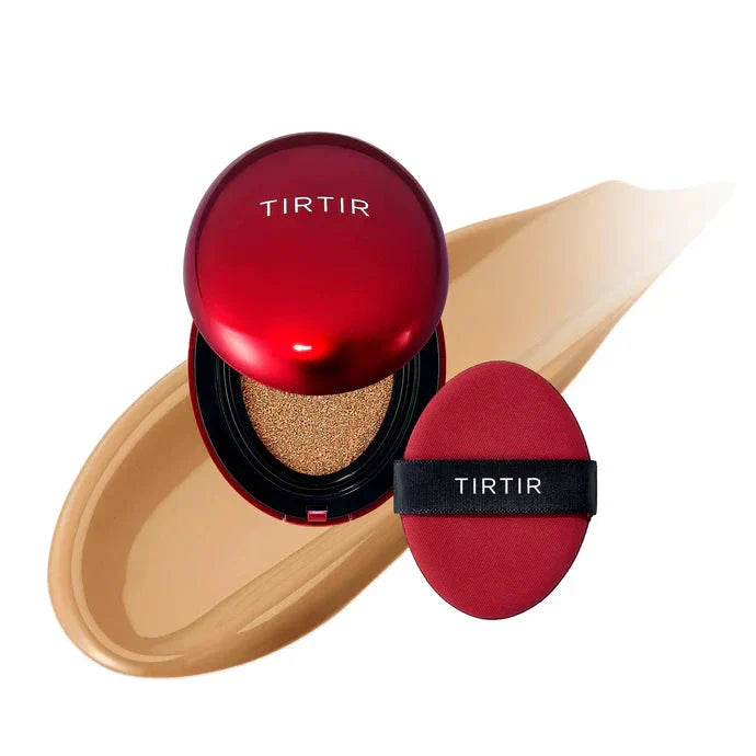 TIRTIR Mask Fit Red Cushion foundation compact with red packaging, showing the cushion pressed inside, ideal for flawless skin coverage.