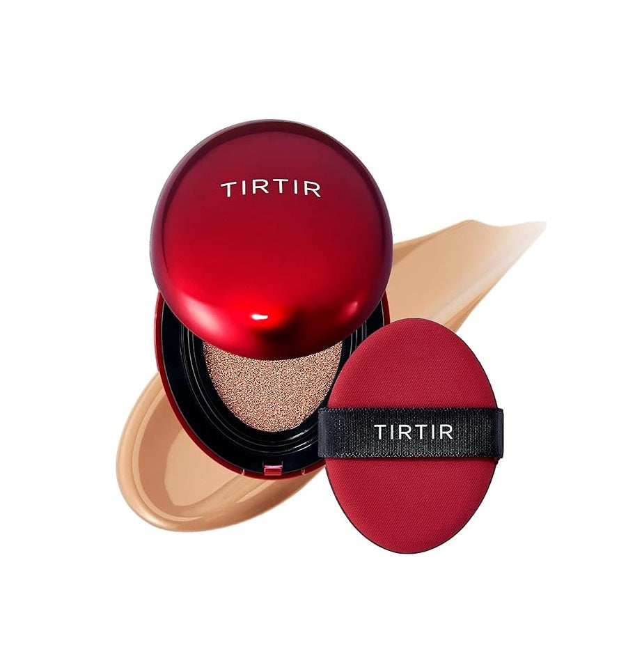 TIRTIR Mask Fit Red Cushion foundation in a compact with red packaging and a mirror, designed for smooth, even skin coverage.