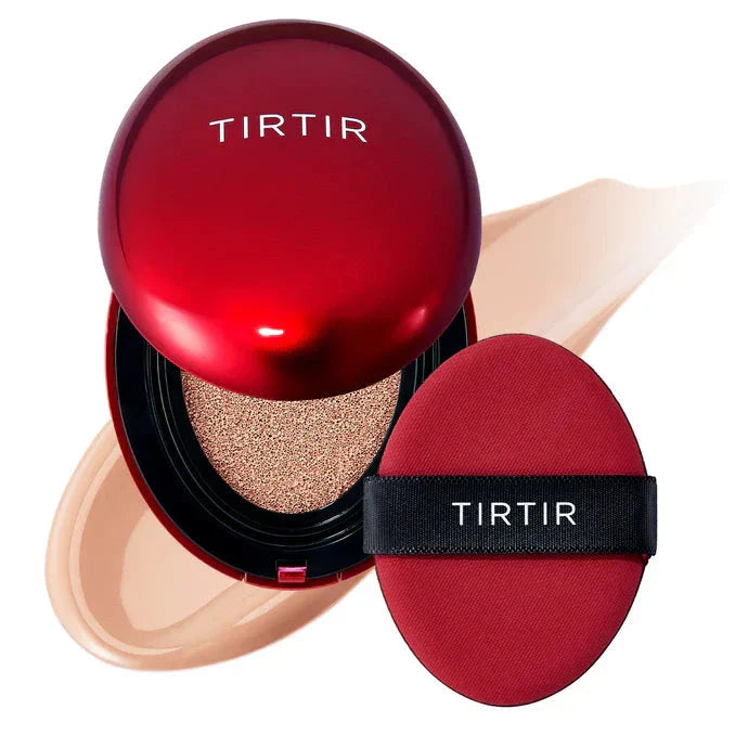 TIRTIR Mask Fit Red Cushion foundation in 10C shell, compact cushion with red packaging and product label visible.