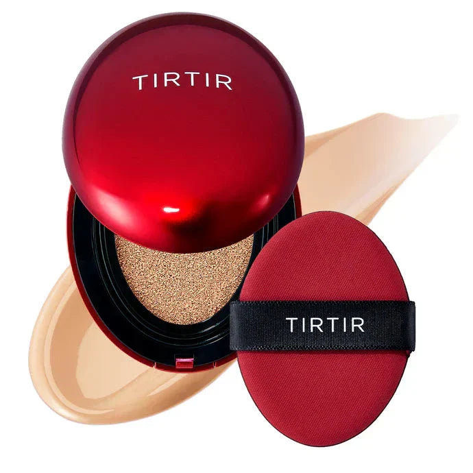 TIRTIR Mask Fit Red Cushion foundation in a compact with red packaging, designed for a smooth, matte finish on the skin.