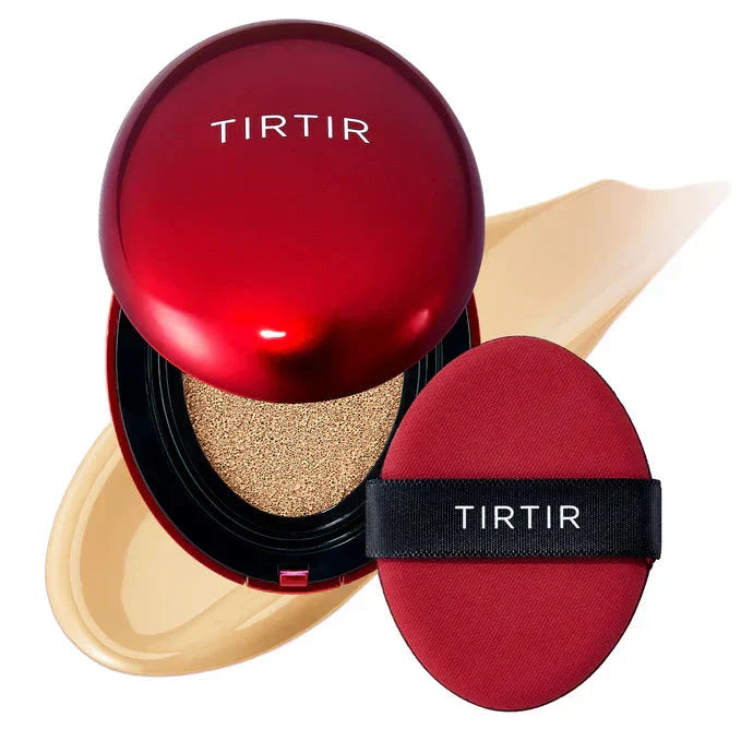 TIRTIR Mask Fit Red Cushion foundation in a compact with red packaging and sponge applicator for lightweight, dewy skin.