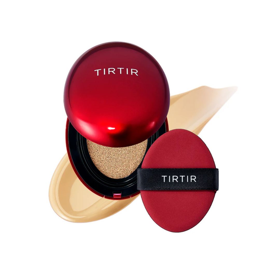 TIRTIR Mask Fit Red Cushion foundation in 10C Shell, compact with red design, showcasing the cushion applicator and packaging.