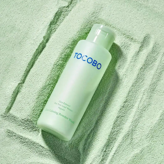 TOCOBO Cica Calming Powder Wash in 50g container, featuring a clear, minimalist packaging with a white and green label.