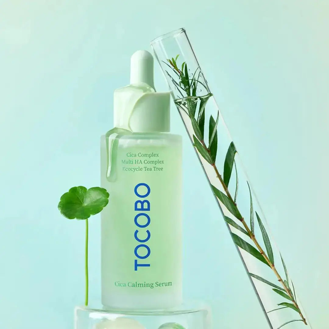 Tocobo Cica Calming Serum 50ml bottle with pump dispenser and label, designed for soothing and nourishing skin.