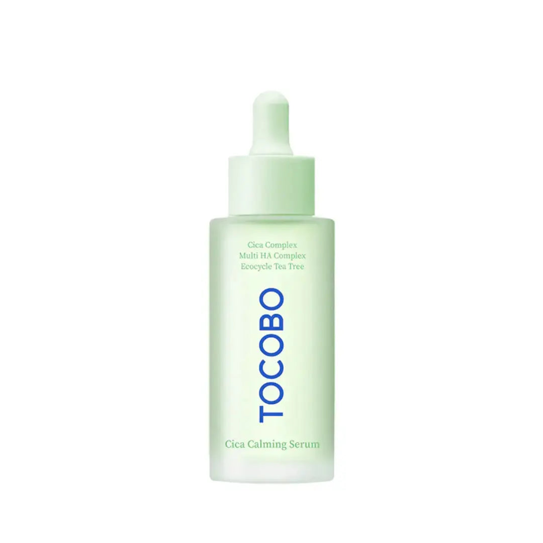 TOCOBO Cica Calming Serum 50 ml bottle with label, soothing skincare product for sensitive skin in a clear glass container