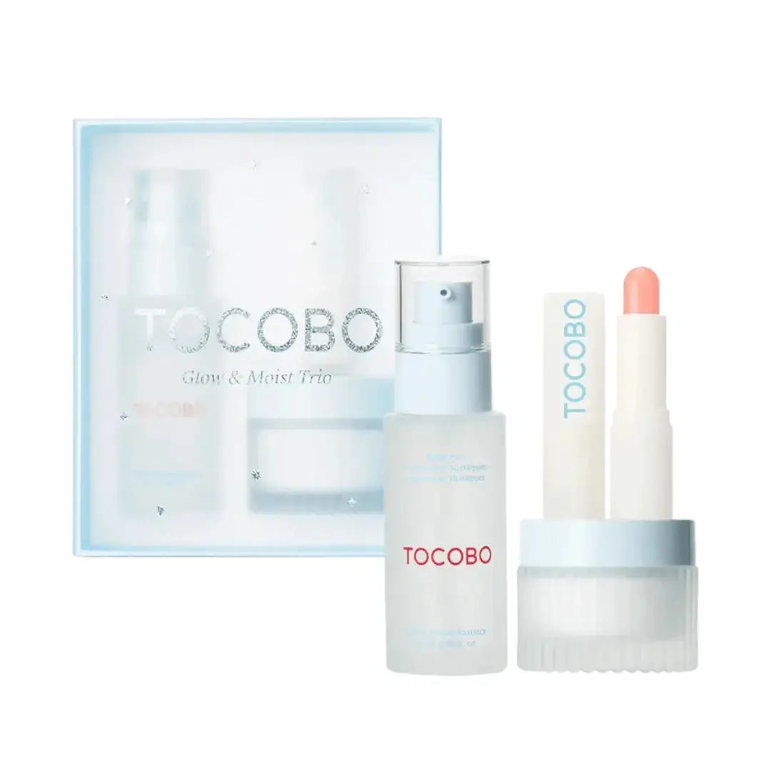 TOCOBO Glow & Moist Trio Set featuring skincare products in white containers with blue accents, arranged on a neutral background.